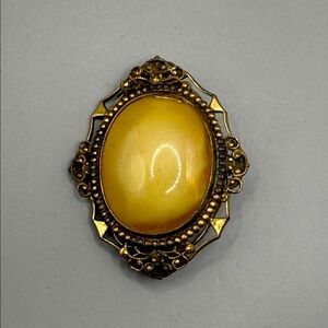 Vintage Gold Tone Yellow Stone Large Brooch Pin